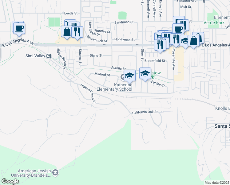 map of restaurants, bars, coffee shops, grocery stores, and more near 5428 Katherine Street in Simi Valley