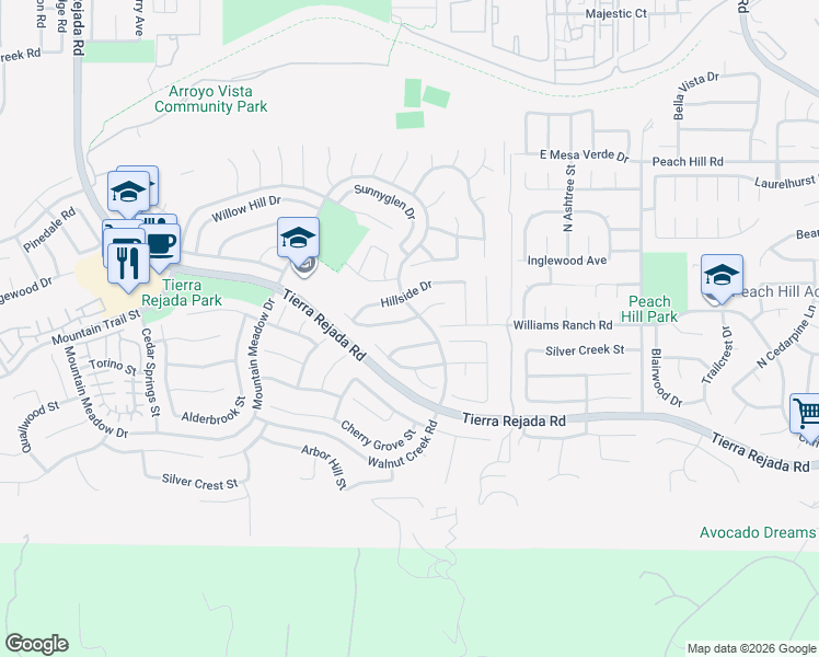 map of restaurants, bars, coffee shops, grocery stores, and more near 12525 Westmont Drive in Moorpark