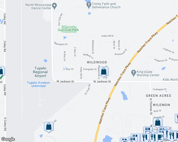map of restaurants, bars, coffee shops, grocery stores, and more near 2313 Evergreen Street in Tupelo