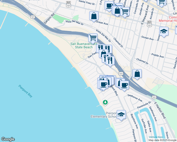 map of restaurants, bars, coffee shops, grocery stores, and more near 1027 Brockton Lane in Ventura