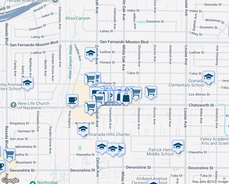 map of restaurants, bars, coffee shops, grocery stores, and more near 17733 Los Alimos Street in Los Angeles