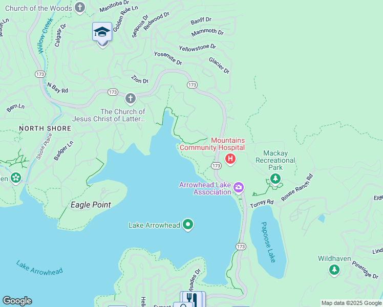map of restaurants, bars, coffee shops, grocery stores, and more near 923 Lake Edge Way in Lake Arrowhead