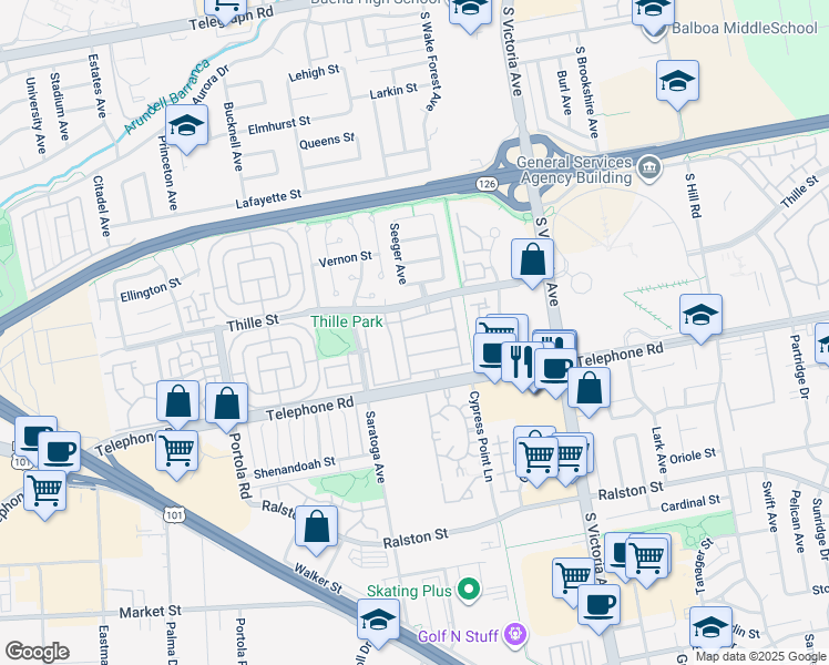 map of restaurants, bars, coffee shops, grocery stores, and more near 5521 Brubeck Street in Ventura