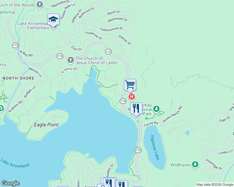 map of restaurants, bars, coffee shops, grocery stores, and more near 28991 North Shore Road in Lake Arrowhead