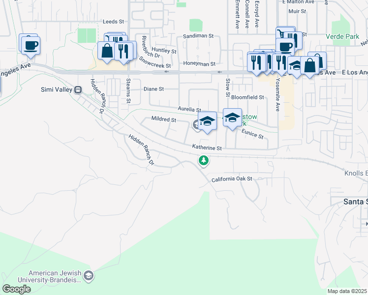 map of restaurants, bars, coffee shops, grocery stores, and more near 5428 Katherine Street in Simi Valley