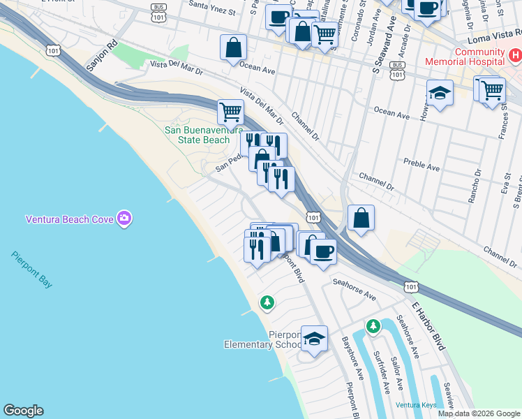 map of restaurants, bars, coffee shops, grocery stores, and more near 2178 Pierpont Boulevard in Ventura