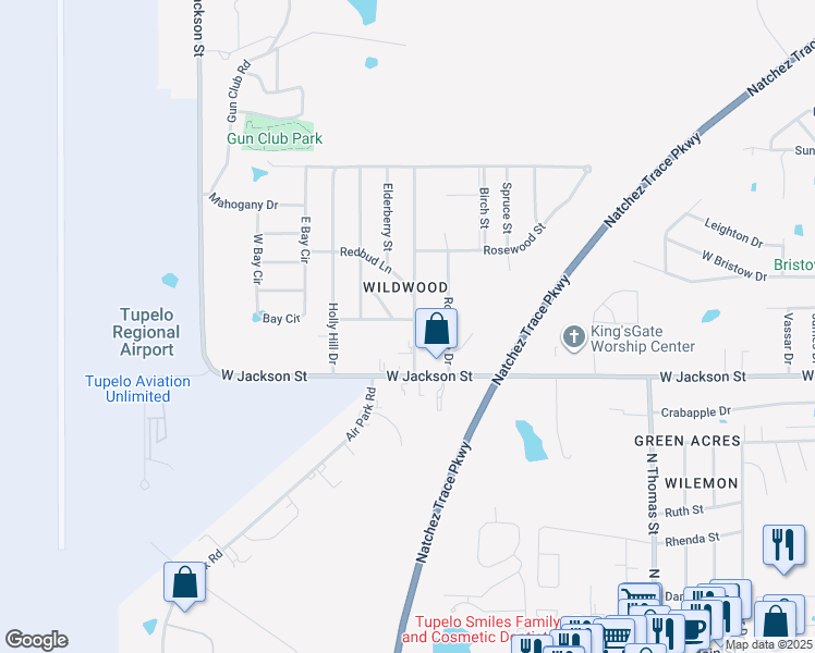 map of restaurants, bars, coffee shops, grocery stores, and more near 2301 Evergreen Street in Tupelo