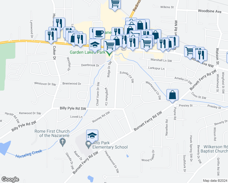 map of restaurants, bars, coffee shops, grocery stores, and more near 220 Coosawattee Avenue Southwest in Rome