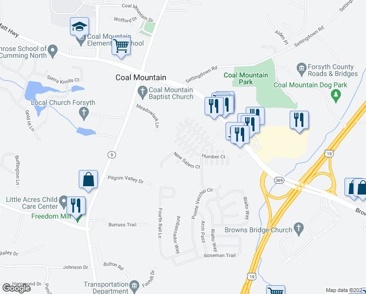map of restaurants, bars, coffee shops, grocery stores, and more near 3954 Cutler Donahoe Way in Cumming
