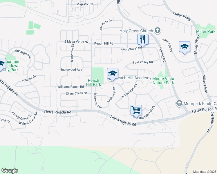 map of restaurants, bars, coffee shops, grocery stores, and more near 13360 Vinewood in Moorpark