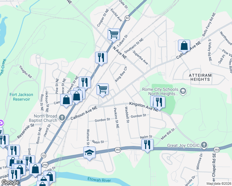map of restaurants, bars, coffee shops, grocery stores, and more near 406 Calhoun Avenue Northeast in Rome