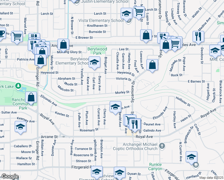 map of restaurants, bars, coffee shops, grocery stores, and more near 2435 Morley Street in Simi Valley