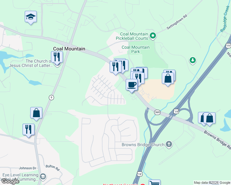 map of restaurants, bars, coffee shops, grocery stores, and more near 3615 Sydney Harbor Lane in Cumming