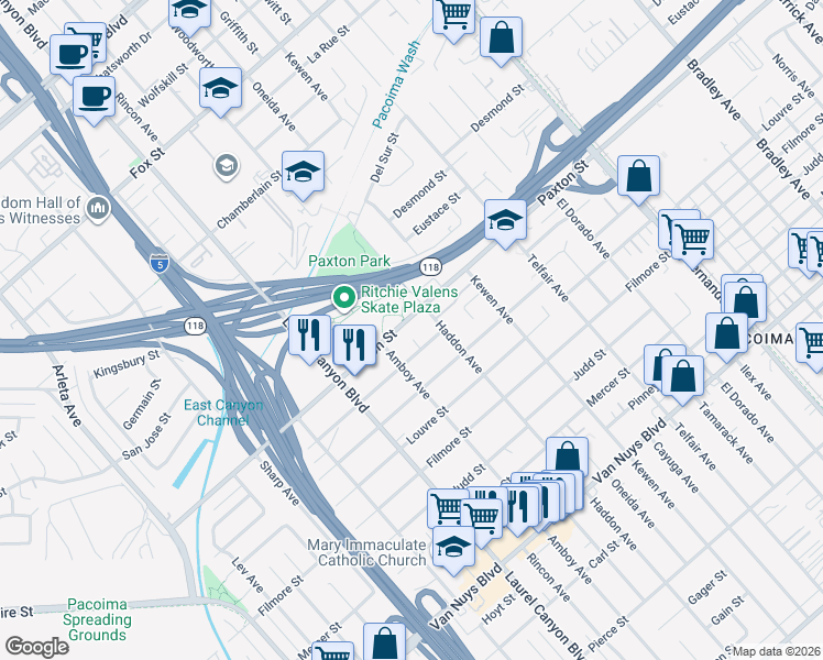 map of restaurants, bars, coffee shops, grocery stores, and more near 13886 Paxton Street in Los Angeles