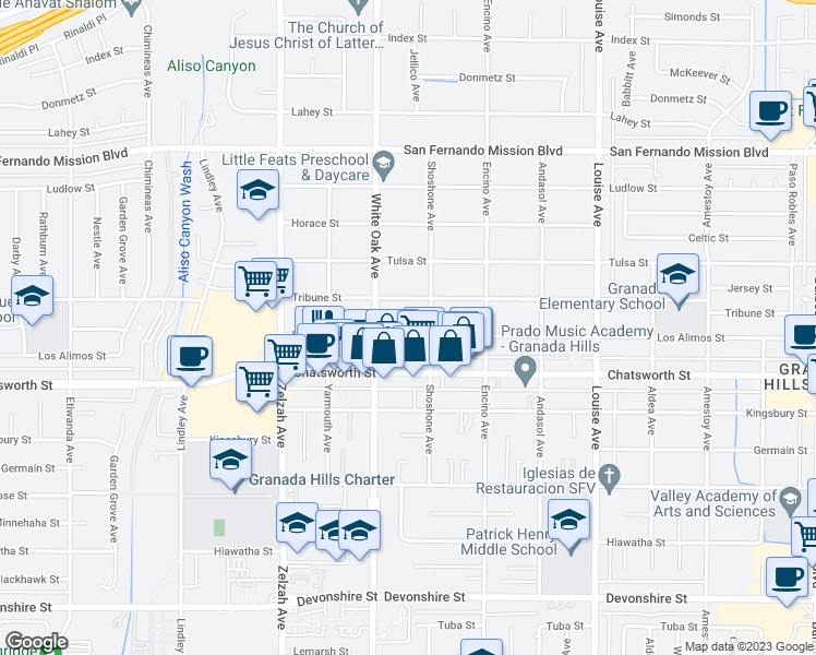 map of restaurants, bars, coffee shops, grocery stores, and more near 17625 Los Alimos Street in Los Angeles