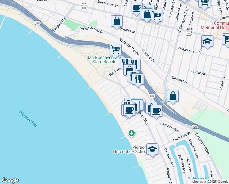 map of restaurants, bars, coffee shops, grocery stores, and more near 978 Brockton Lane in Ventura