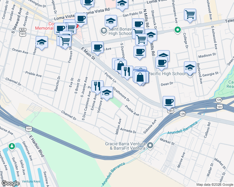 map of restaurants, bars, coffee shops, grocery stores, and more near 3170 Strathmore Drive in Ventura