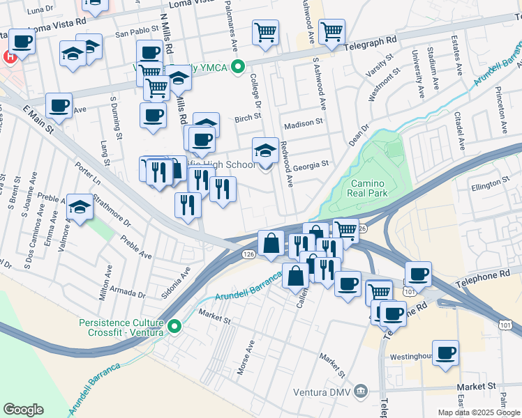 map of restaurants, bars, coffee shops, grocery stores, and more near 3700 Dean Drive in Ventura