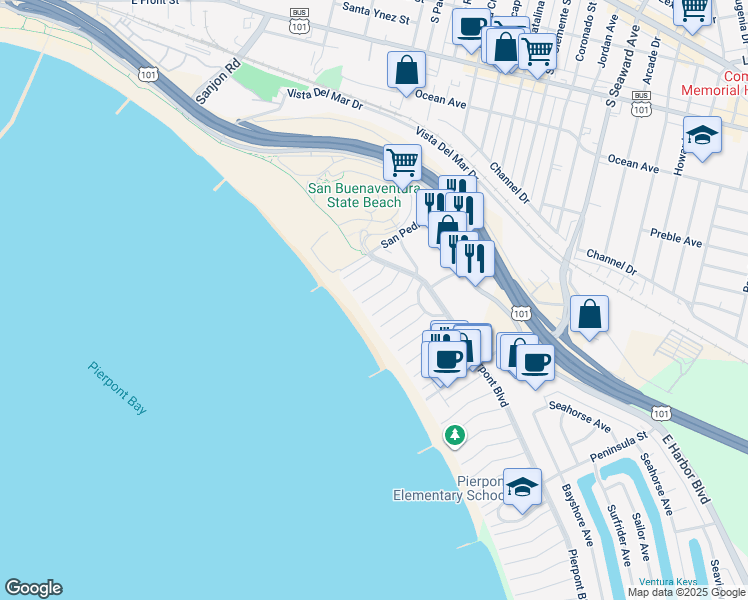 map of restaurants, bars, coffee shops, grocery stores, and more near 1034 Waterbury Lane in Ventura