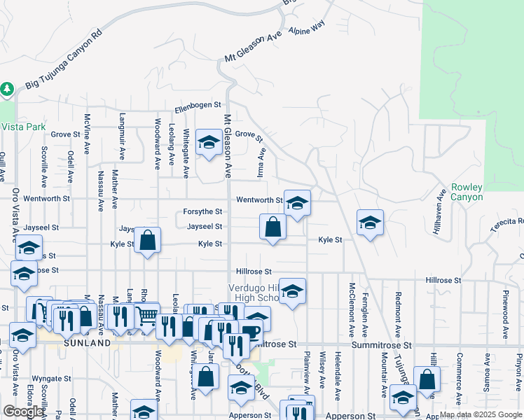 map of restaurants, bars, coffee shops, grocery stores, and more near 7707 Forsythe Street in Los Angeles