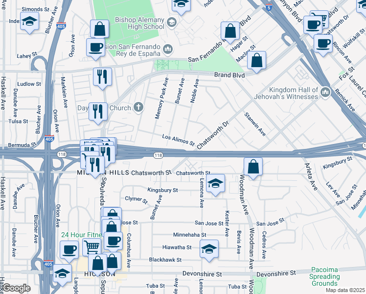 map of restaurants, bars, coffee shops, grocery stores, and more near 10841 Noble Avenue in Los Angeles