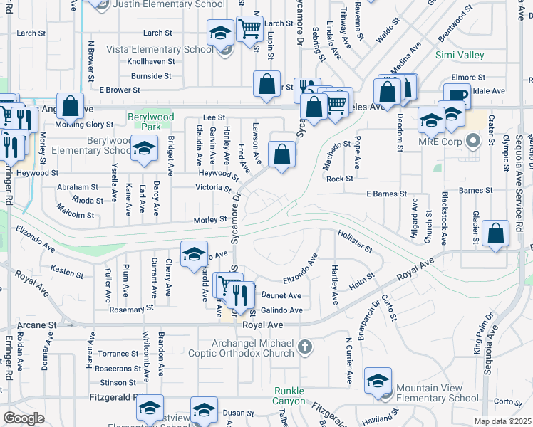 map of restaurants, bars, coffee shops, grocery stores, and more near 2630 Phipps Avenue in Simi Valley