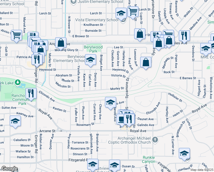 map of restaurants, bars, coffee shops, grocery stores, and more near 2435 Morley Street in Simi Valley