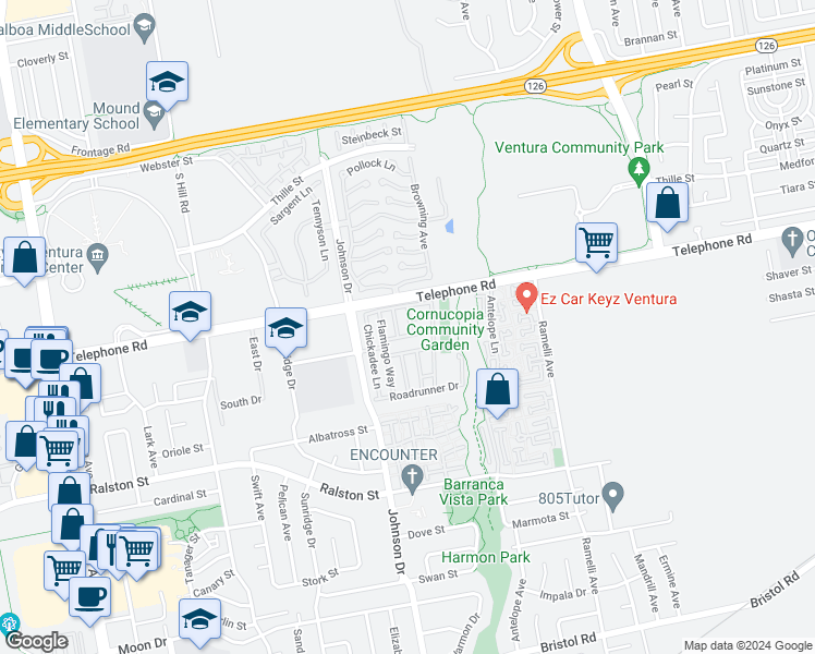 map of restaurants, bars, coffee shops, grocery stores, and more near 1220 Johnson Drive in Ventura