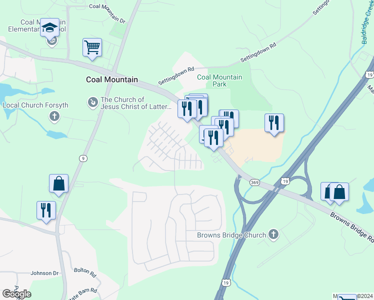 map of restaurants, bars, coffee shops, grocery stores, and more near 3615 Sydney Harbor Lane in Cumming