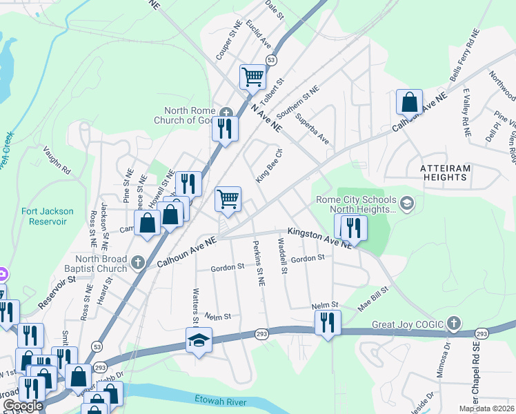 map of restaurants, bars, coffee shops, grocery stores, and more near 406 Calhoun Avenue Northeast in Rome