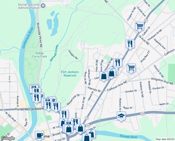map of restaurants, bars, coffee shops, grocery stores, and more near 119 Jackson Street Northeast in Rome