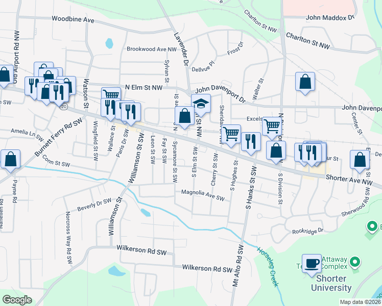 map of restaurants, bars, coffee shops, grocery stores, and more near 8 South Elm Street Southwest in Rome