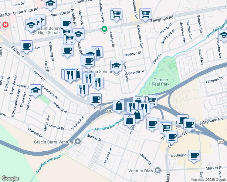 map of restaurants, bars, coffee shops, grocery stores, and more near 3700 Dean Drive in Ventura