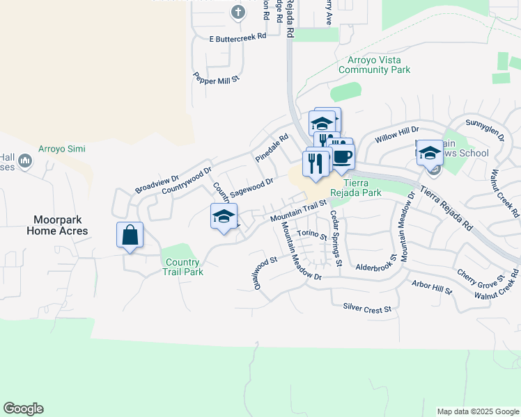 map of restaurants, bars, coffee shops, grocery stores, and more near 4185 Quailsprings Court in Moorpark