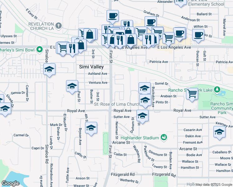 map of restaurants, bars, coffee shops, grocery stores, and more near 1546 Windmill Way in Simi Valley