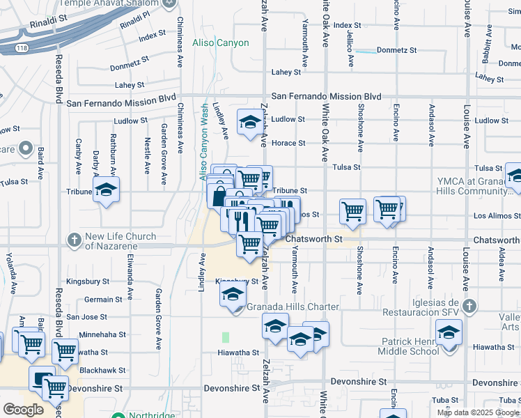 map of restaurants, bars, coffee shops, grocery stores, and more near 10823 Zelzah Avenue in Los Angeles