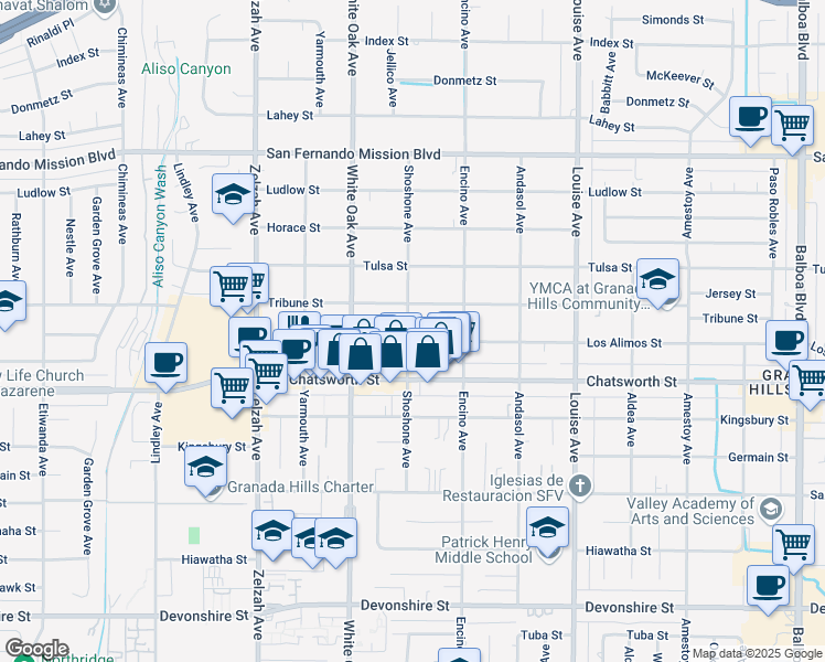 map of restaurants, bars, coffee shops, grocery stores, and more near 17612 Los Alimos Street in Los Angeles