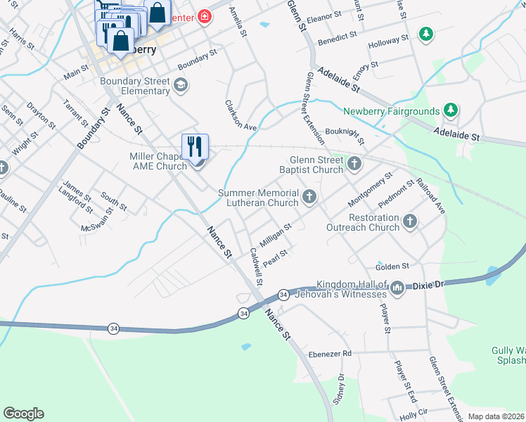 map of restaurants, bars, coffee shops, grocery stores, and more near 1321 Washington Street in Newberry