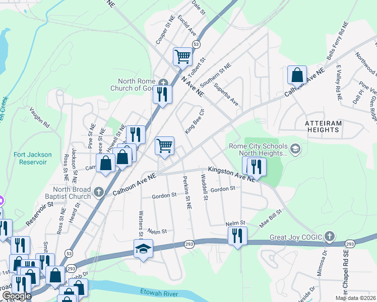 map of restaurants, bars, coffee shops, grocery stores, and more near 406 Calhoun Avenue Northeast in Rome