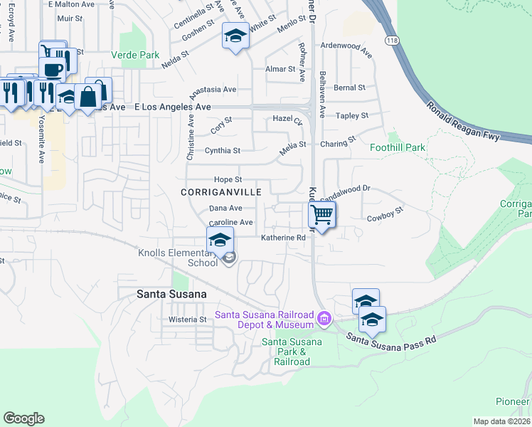 map of restaurants, bars, coffee shops, grocery stores, and more near 6458 Twin Circle Lane in Simi Valley