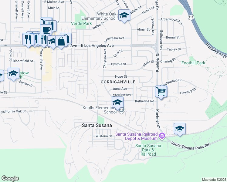 map of restaurants, bars, coffee shops, grocery stores, and more near 6276 Dana Avenue in Simi Valley