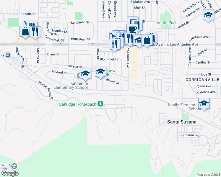 map of restaurants, bars, coffee shops, grocery stores, and more near 5691 Katherine Street in Simi Valley