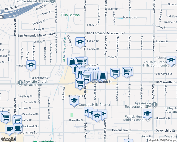 map of restaurants, bars, coffee shops, grocery stores, and more near 17824 Los Alimos Street in Los Angeles
