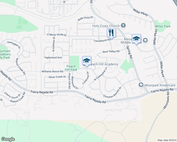map of restaurants, bars, coffee shops, grocery stores, and more near 4188 Trailcrest Drive in Moorpark