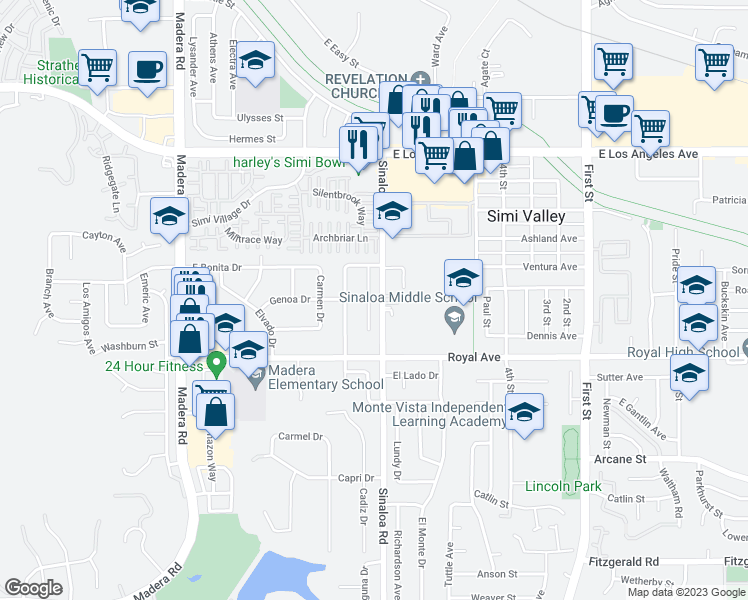 map of restaurants, bars, coffee shops, grocery stores, and more near 1496 Milan Drive in Simi Valley