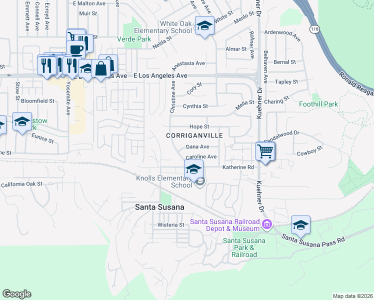 map of restaurants, bars, coffee shops, grocery stores, and more near 6276 Dana Avenue in Simi Valley
