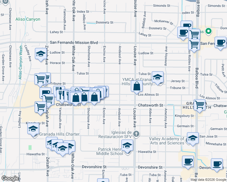 map of restaurants, bars, coffee shops, grocery stores, and more near 17400 Los Alimos Street in Los Angeles