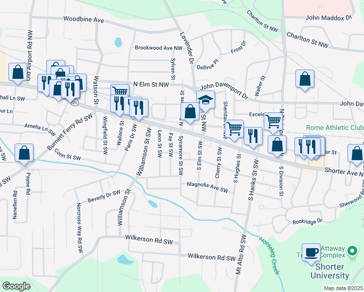 map of restaurants, bars, coffee shops, grocery stores, and more near 9 Sycamore Street Southwest in Rome