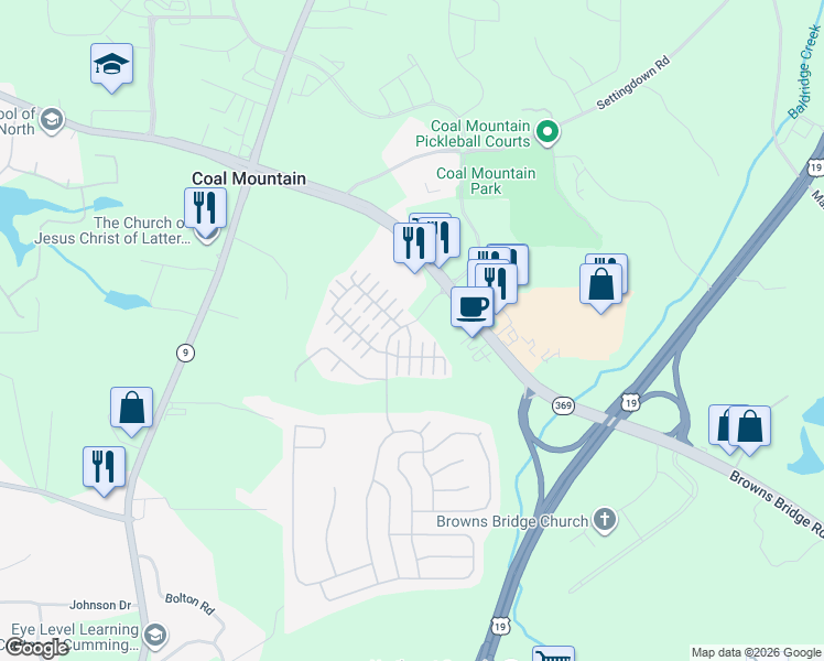 map of restaurants, bars, coffee shops, grocery stores, and more near 3611 Sydney Harbor Lane in Cumming