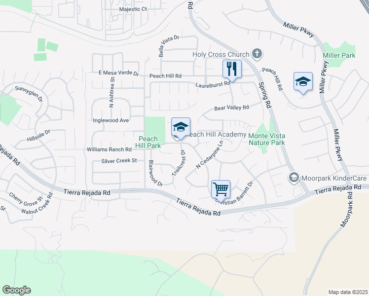 map of restaurants, bars, coffee shops, grocery stores, and more near 4188 Trailcrest Drive in Moorpark